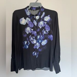 91% Silk Kobi Halperin Black Blouse with Purple and White Floral Print